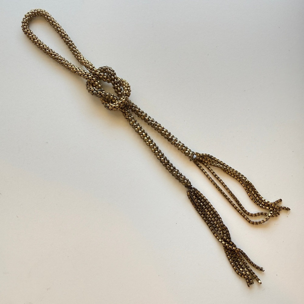 Vintage Antique Brass Mesh Lariat Necklace Knotted Box Chain Tassel Fringe